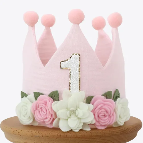 Vista 8 de Muslin Crown Hat First Years Birthday for Baby Girl Party Decoration Pink Headband Rosa