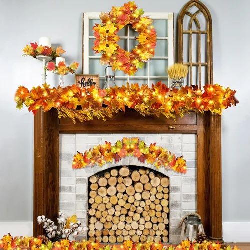 Vista 2 de 2 guirnaldas de otoño con luz, decoración de hojas de otoño, 40 luces LED, guirnalda de hojas artificiales de otoño, guirnalda de otoño, decoración