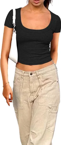 Vista 3 de Y2K - Camisetas cortas para mujer, de verano, sexy, lindas, de algodón, acanaladas, recortadas, camisetas básicas