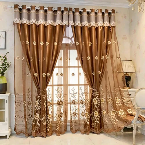 Vista 22 de Amidoudou 1 par de cortinas europeas de doble capa para sala de estar, dormitorio, cortinas bordadas de flores de lujo con cenefa