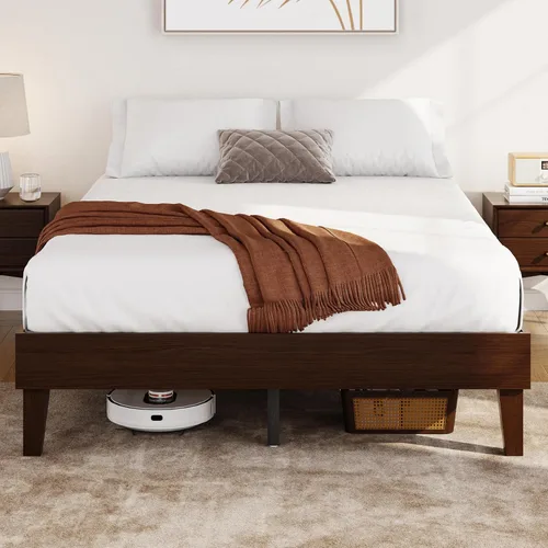 Vista 3 de Yaheetech Base de cama Queen con plataforma de madera maciza natural con soporte de listones de madera, espacio debajo de la cama de 7.3 pulgadas