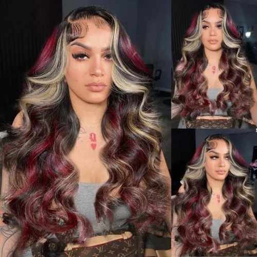 Vista 7 de abgese Peluca de cabello humano ondulado con reflejos rojos, pelucas de cabello humano ondulado con encaje frontal, densidad del 180 %, encaje