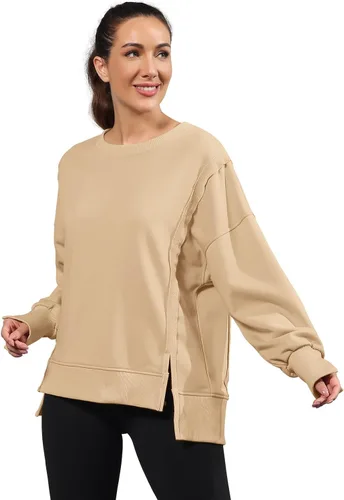 Vista 5 de Nirovien Sudadera de gran tamaño con cuello redondo para mujer, con abertura lateral, manga larga, ajuste holgado