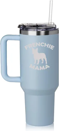 Vista 6 de Daylor Vaso de 40 onzas con asa y tapa con pajilla, taza de viaje aislada de acero inoxidable, taza de viaje Frenchie Mama French Bulldog (negro)