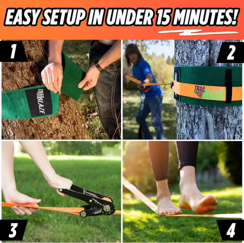 Vista 3 de Kit completo de ninja Slackline – Línea de holgura de 60 pies para patio trasero para niños y adultos – Kit de protección de árboles más anchos