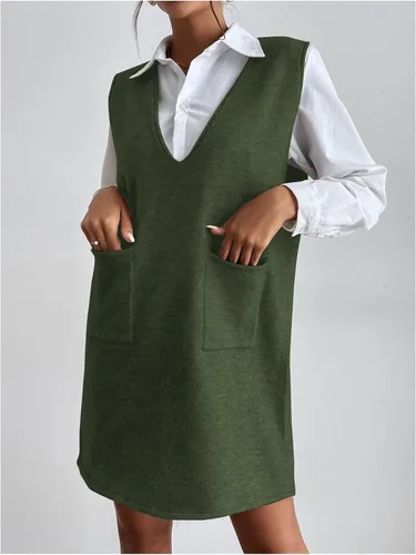 Vista 4 de OYOANGLE Vestido corto de punto con cuello en V sin mangas para mujer, liso, con bolsillos Verde militar
