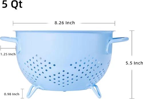 Vista 2 de Colador de metal de 5 cuartos de galón con recubrimiento en polvo, colador de metal autodrenante con base, cesta de frutas y verduras con asas