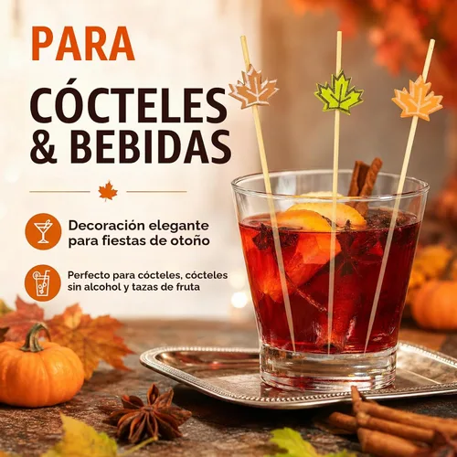 Vista 4 de 100 unidades de púas de cóctel de otoño de 12 cm, hojas, calabazas, bellotas, palillos de dientes decorativos elegantes de bambú, palillos