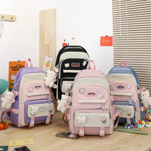 Vista 8 de Juego de 5 mochilas kawaii con colgante de oso y alfileres - Kit de mochila de conejito de anime japonés con diseño de retazos, Púrpura, Japonés