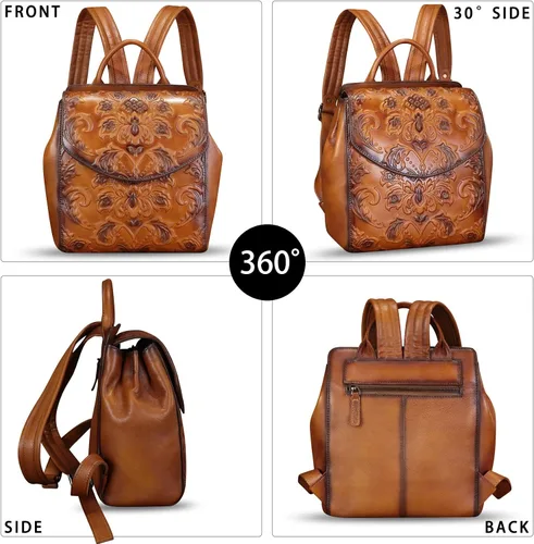 Vista 2 de Mochila de cuero genuino para mujer, bolso retro de cuero en relieve, hecho a mano, mochila trasera, mochila casual, Marrón, Vintage