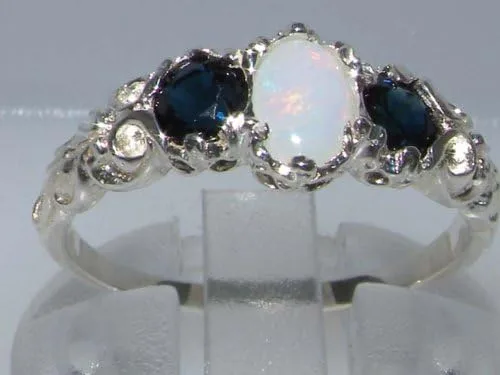 Vista 4 de Anillo de plata de ley 925 auténtica auténtica ópalo y zafiro para mujer