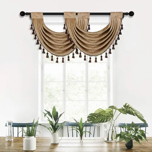 Vista 24 de ELKCA Cenefa Swag de Cascada de Chenilla Gruesa Beige para Sala de Estar Cortinas de Cenefa Pequeñas para Cocina, Paquete de 1