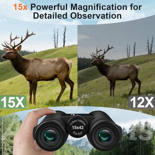 Vista 3 de Binoculares de 15 x 42 para adultos de alta potencia, binoculares portátiles ligeros Aurosports HD con adaptador de teléfono, prisma BAK4 y bolsa