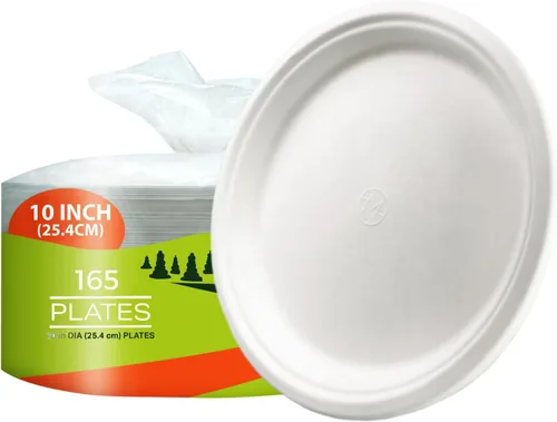 Vista 9 de Platos de papel, 100 % compostables, 10 pulgadas por 0.5 pulgadas de profundidad, plato desechable resistente, certificado (BPI), sin (PFAS)