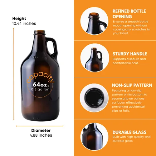 Vista 3 de FastRack - Growlers de vidrio ámbar de 64 onzas (paquete de 6) Cultivador de cerveza de medio galón con 18 tapas de sellado de polietileno Jarra