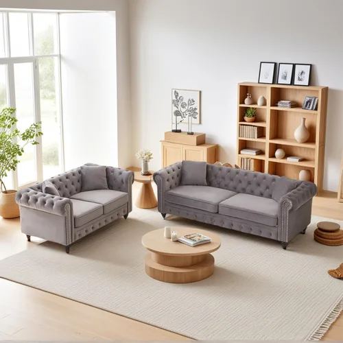 Vista 8 de Sofá Chesterfield de terciopelo grande de 85.5 pulgadas, sofá moderno de 3 plazas con brazos enrollados con diseño de botón y 2 cojines para sala