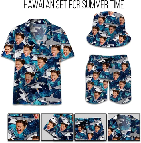 Vista 3 de The Mighty Myth Camisa unisex hawaiana tropical personalizada con cara personalizada Aloha camisa manga corta frutas florales camisas S-5XL