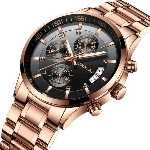 Vista 2 de CRRJU - Reloj de pulsera, de acero inoxidable para hombre, resistente al agua, cronógrafo, correa de acero inoxidable