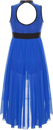 Vista 4 de TiaoBug Vestido de baile de ballet lírico con lentejuelas para niñas, falda alta y baja, disfraz de salón moderno y contemporáneo de jazz latino