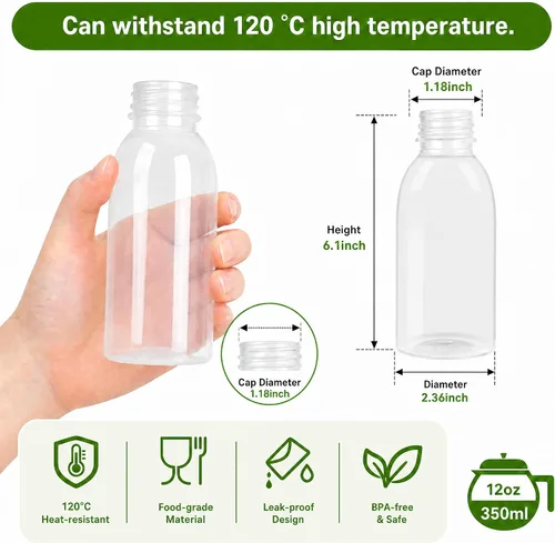 Vista 2 de EONJOE - Paquete de 12 botellas de plástico aptas para lavavajillas, 12 onzas, sin BPA para jugo y leche Durable food-grade PP5 bottles.