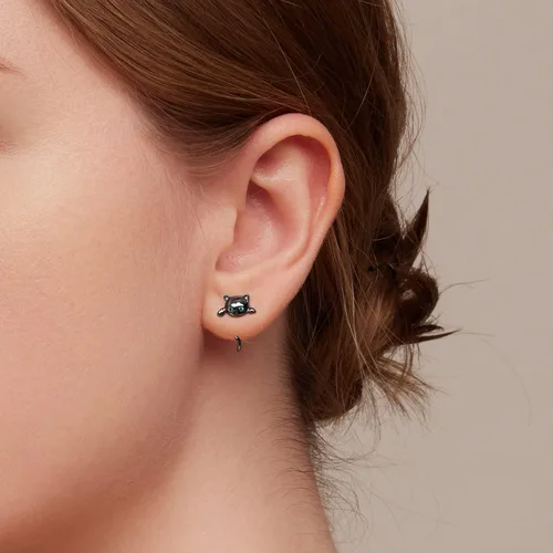 Vista 5 de BISAER Aretes de aro de plata de ley 925 con diseño de gato, perro, panda, animales, para mujer, regalos de joyería