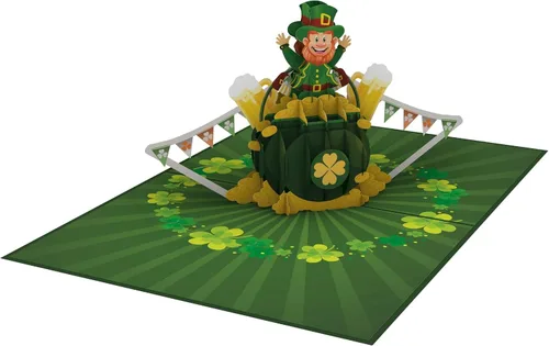 Vista 8 de iGifts And Cards Tarjeta desplegable 3D de duende de oro, diseño festivo de celebración irlandesa para cumpleaños del día de San Patricio y buena