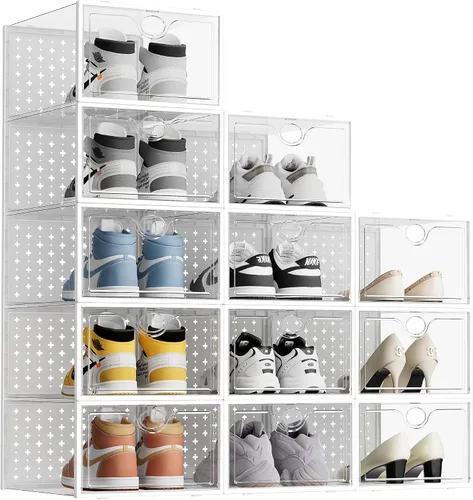Vista 13 de Pinkpum Caja organizadora de almacenamiento extragrande para zapatos y zapatillas, 12 unidades, de plástico transparente, apilable, color negro