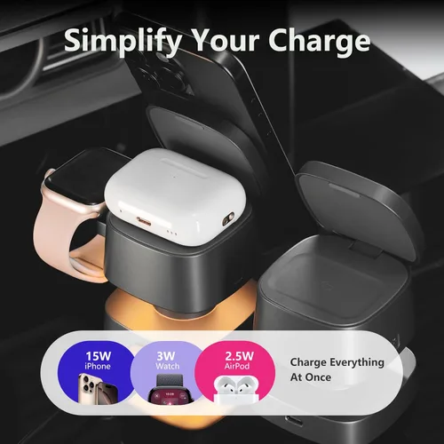 Vista 3 de 【Actualizado 2026】Cargador inalámbrico 4 en 1, estación de carga inalámbrica 3 en 1 con luz nocturna para cargador MagSafe, soporte de viaje Gris
