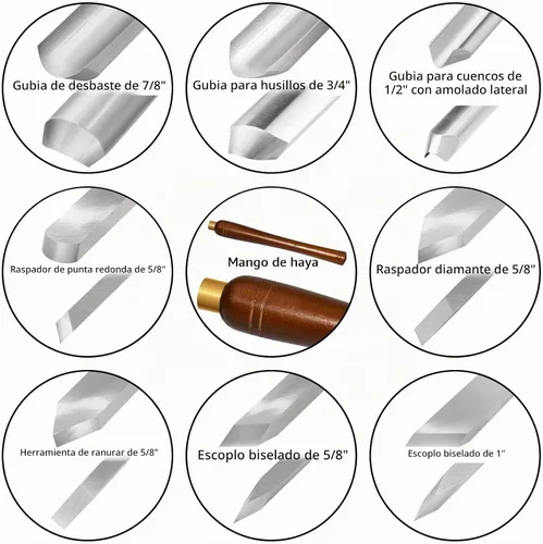 Vista 3 de Juego de cinceles para torno de madera, 8 piezas, herramientas de torneado de madera M2 HSS Wood Lathe Tools Kit with 11.6" Ergonomic Handles &