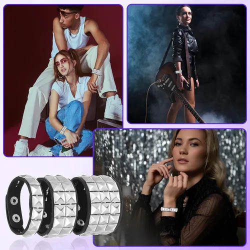 Vista 6 de Juego de 3 pulseras de cuero punk rock con tachuelas para hombres y mujeres, juego de pulseras góticas con púas para los años 80 y 90, joyería emo