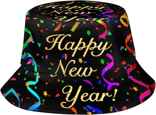 Vista 7 de Sombrero de pescador de feliz año nuevo para hombres, mujeres, adolescentes, plegable, con tema de Año Nuevo, sombreros para el sol, gorra
