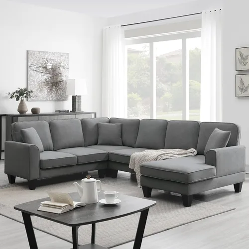 Vista 27 de Quarte Sofá seccional en forma de U, sofá modular con dos asientos individuales, dos sillas, combinación de bricolaje, tela de hilo en bucle Beige/5