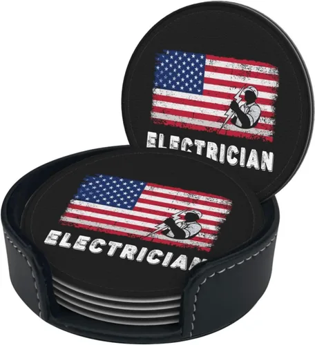 Vista 3 de Juego de 6 posavasos con soporte para electricista con bandera estadounidense, tapete de piel sintética para cocina, bar, mesa, escritorio
