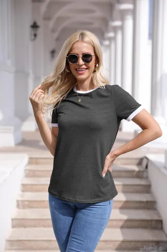 Vista 2 de Camiseta básica de manga corta para mujer, cuello redondo, bloque de color básico