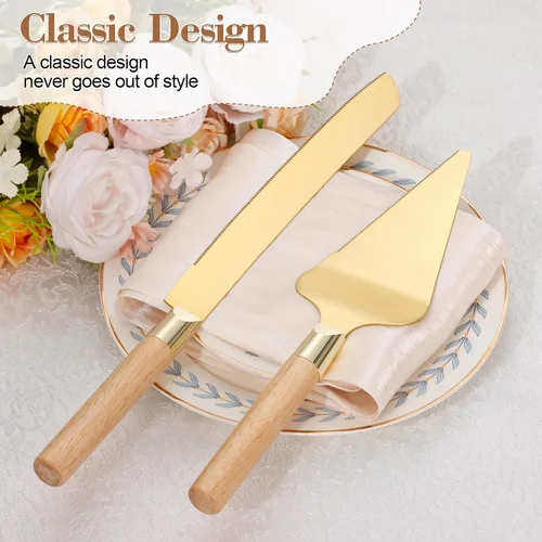 Vista 4 de Juego de corte de pastel dorado para boda, juego de cuchillo de pastel de madera y servidor, juego de corte de pastel rústico de 2 piezas, cubiertos