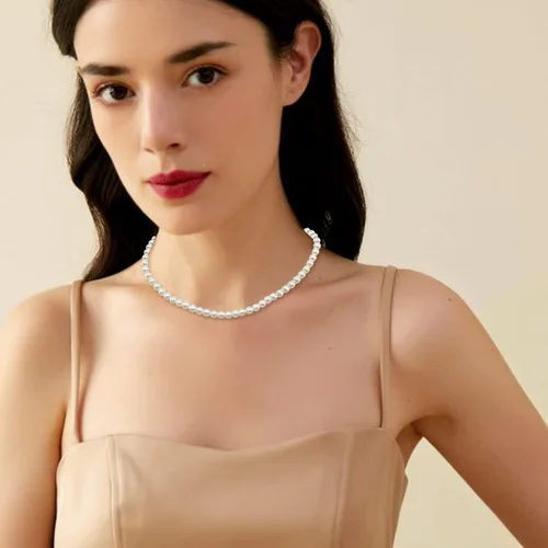 Vista 3 de Gargantilla de perlas para mujer, collar de cuentas de perlas sintéticas, juego de aretes, joyería de disfraz, Vidrio, no aplica