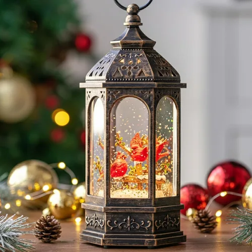 Vista 24 de Globo de nieve navideño con agua brillante, escena de cardenal con música y temporizador, linterna iluminada con USB/operada por batería
