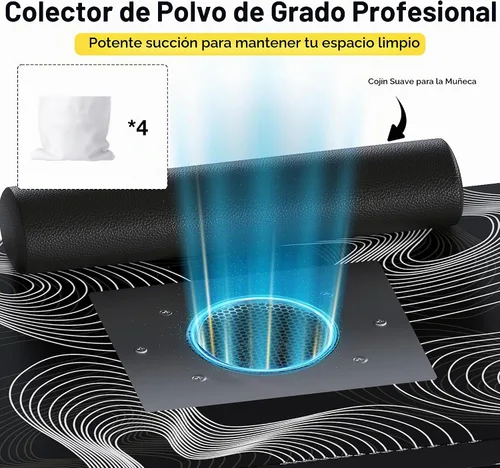 Vista 6 de Mesa de manicura plegable portátil con colector de polvo, escritorio de tecnología de uñas rodante con lámpara LED, reposamuñecas, ruedas