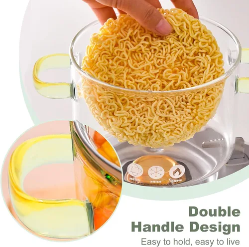 Vista 9 de Olla de cocina de vidrio transparente de 1.5L 2 litros con colador y tapa, resistente a la estufa con tapa, asas antiquemaduras, cacerola de vidrio