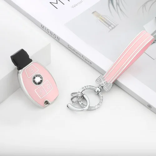 Vista 9 de PIFOOG Funda para llavero Mercedes, 3 botones, color rosa, TPU brillante, accesorios para llaves de automóvil, funda protectora para Mercedes Benz