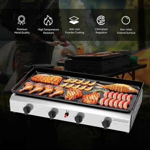Vista 2 de Bonnlo Plancha de Propano Portátil de 4 Quemadores, 40,000 BTU Plancha de Gas con Bandeja Esmaltada, Plancha de Gas de Superficie Plana Rodante