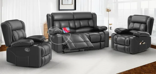 Vista 20 de Juego de sofá reclinable loveseat con 2+1 piezas, 2 plazas estilo minimalista reclinable manual con tirador, loveseat con puertos de carga USB