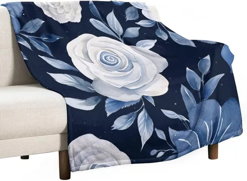 Vista 32 de Manta de flores de acuarela azul marino, bohemias, manta de acuarela floral con coronas de rosas y hojas de peonías, lujosa, cálida y acogedora