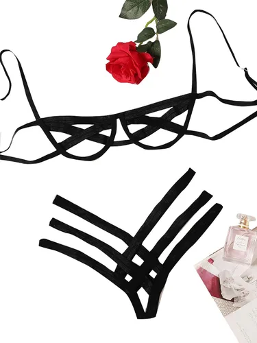 Vista 5 de SheIn Conjunto de lencería sexy con corte de escalera para mujer brasier y bragas push up de dos piezas