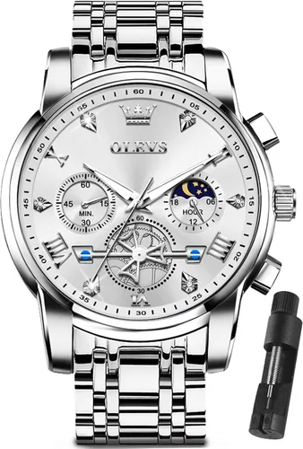 Vista 19 de OLEVS Relojes para hombre de plata, reloj de cronógrafo de acero inoxidable para hombre, reloj analógico de cuarzo de cara grande para hombre