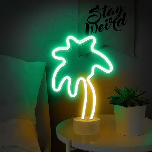 Vista 4 de Lumoonosity Palm Tree Lights - Letrero de neón de palmera verde y amarillo para dormitorio, sala de juegos, luz de neón con batería/USB, con soporte