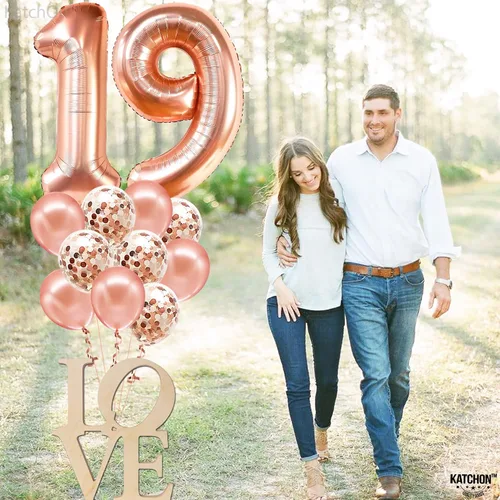 Vista 7 de KatchOn, Globos gigantes de oro rosa con el número 19, 40 pulgadas, globos de cumpleaños 19 con globos de confeti, decoraciones de feliz cumpleaños