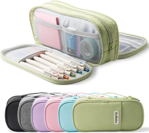 Vista 12 de Estuche grande para lápices, bolsa de gran capacidad con 4 compartimentos, múltiples bolsillos, bolsa de lápices portátil con cremallera Negro