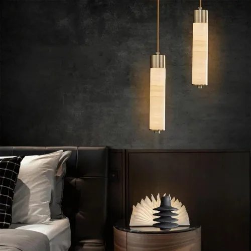 Vista 2 de Nordic Retro Marble Pendant Lights, Modern 2 Pack Full Copper Ceiling Hanging Lighting, 3000K Warm Light Chandeliers for Kitchen Island Dining Room