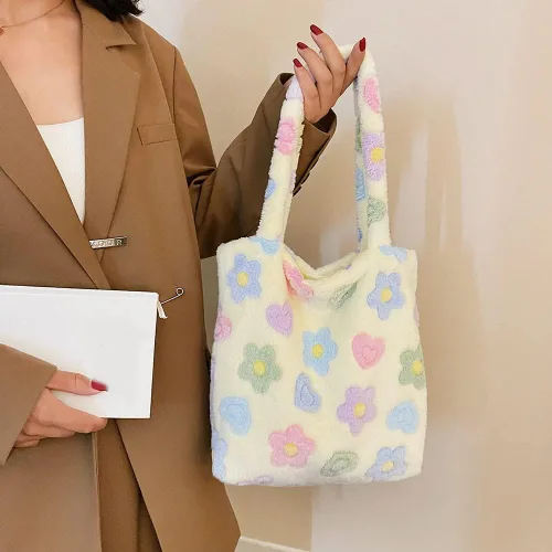 Vista 5 de JQWSVE Bonita bolsa de mano esponjosa de piel sintética para mujer, bolso de hombro de felpa para otoño e invierno, bolso cruzado